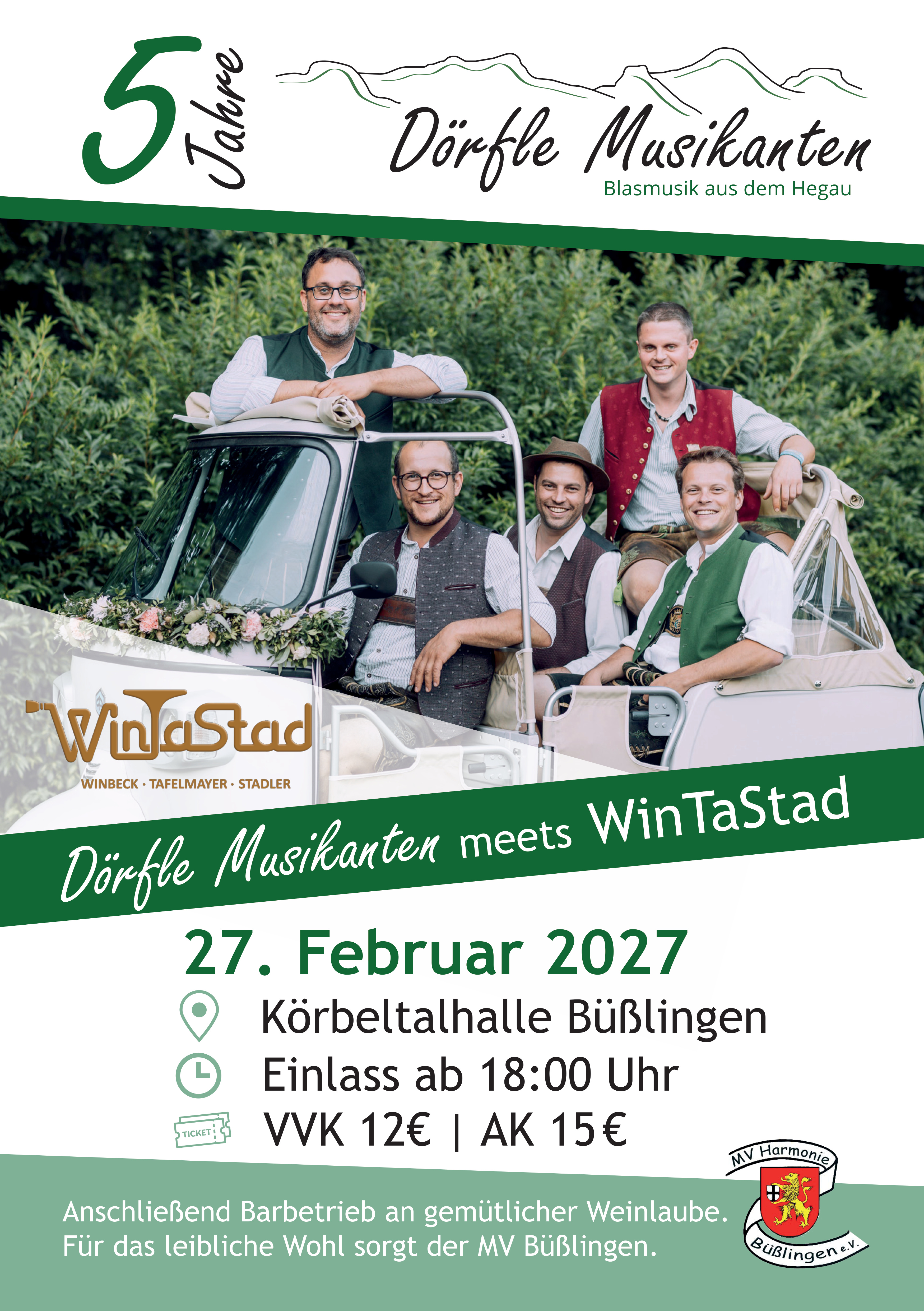 Flyer zum Jubiläum: 5 Jahre Dörfle Musikanten am 27. Februar 2027 in der Körbeltalhalle Büßlingen